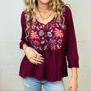 American Eagle Maroon Embroidered Floral Peasant Top XS